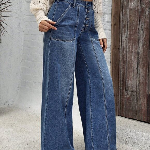 Blue Casual Women's Pockets Versatile Loose Wide Leg Jeans - Picture 5 of 6